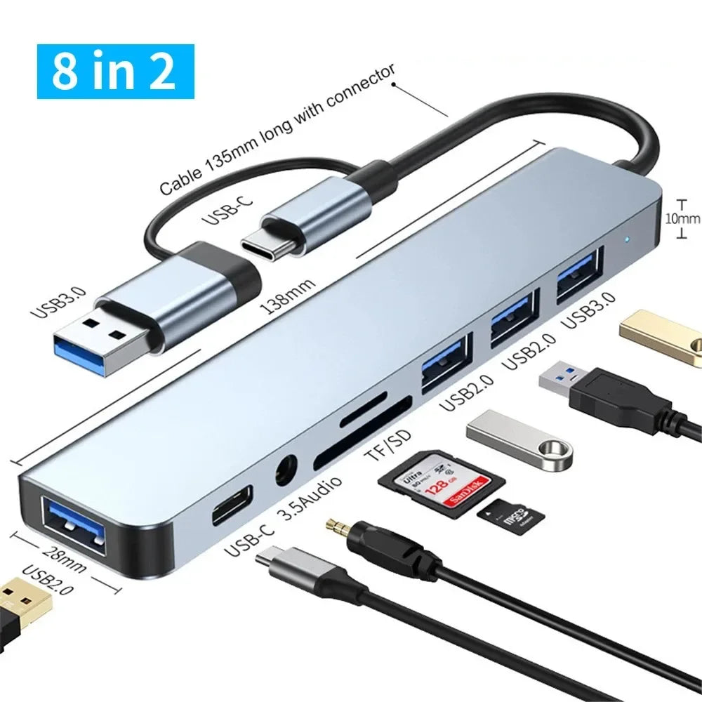 USB A auf Typ C Hub Dockingstation – Multiadapter mit Kartenleser &amp; Audio-Splitter für MacBook Air &amp; PC