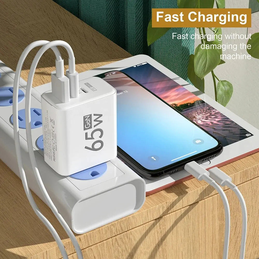 65W GaN USB PD Ladegerät 3 Ports Schnellladen für iPhone 16 Pro Max, Samsung