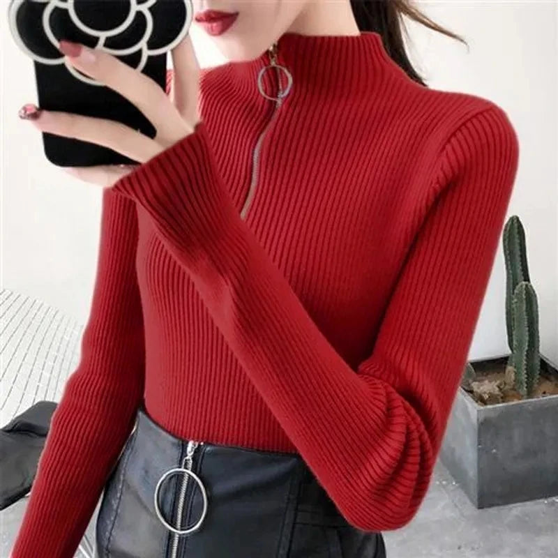 Knitted Women’s Zipper Half High Neck Sweater – Slim Solid Pullover for Autumn & Winter