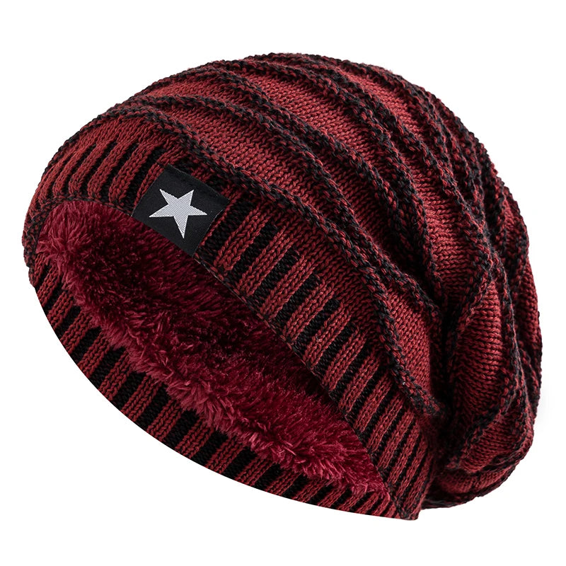 Unisex Slouchy Winter Hat – Fur Lined Beanie with Five-Pointed Star Decor, Warm Knitted Cap