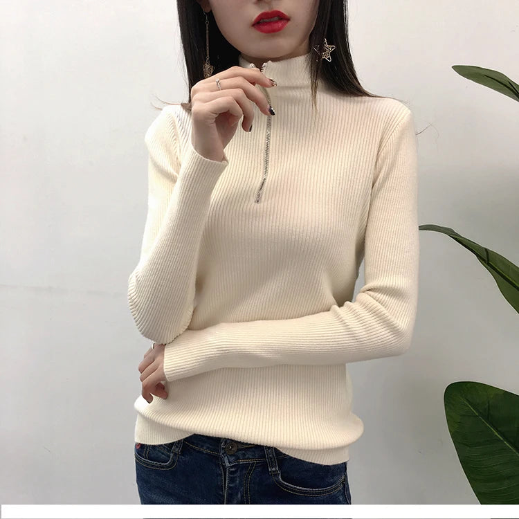 Knitted Women’s Zipper Half High Neck Sweater – Slim Solid Pullover for Autumn & Winter