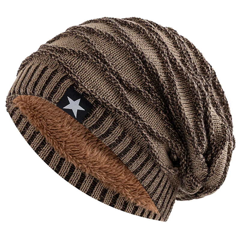 Unisex Slouchy Winter Hat – Fur Lined Beanie with Five-Pointed Star Decor, Warm Knitted Cap