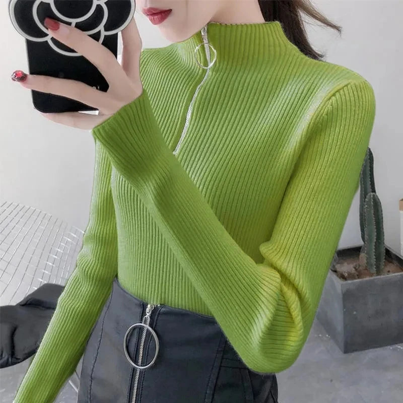 Knitted Women’s Zipper Half High Neck Sweater – Slim Solid Pullover for Autumn & Winter