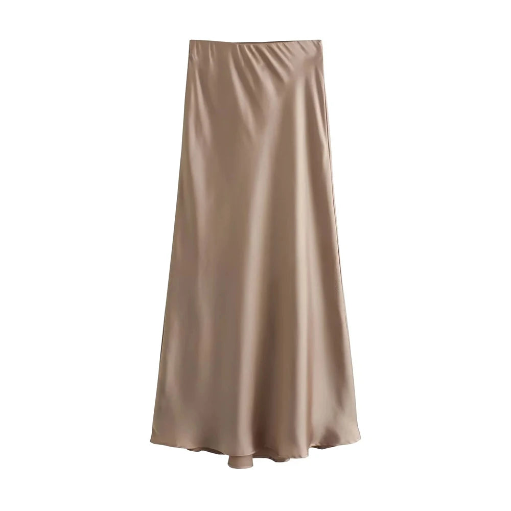 Women's Flowing Satin Midi Skirt – High Waist with Elastic Waistband, Chic Fashion Skirt