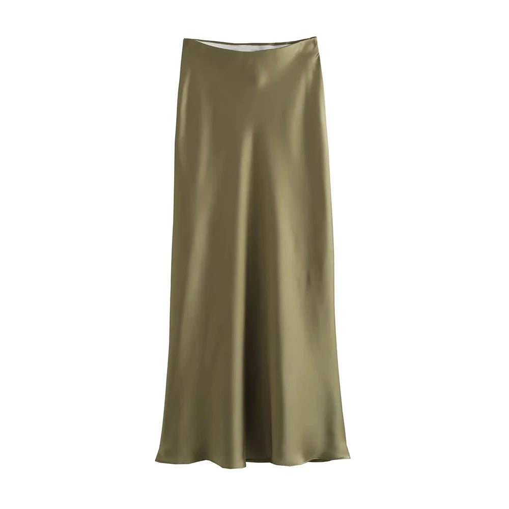 Women's Flowing Satin Midi Skirt – High Waist with Elastic Waistband, Chic Fashion Skirt