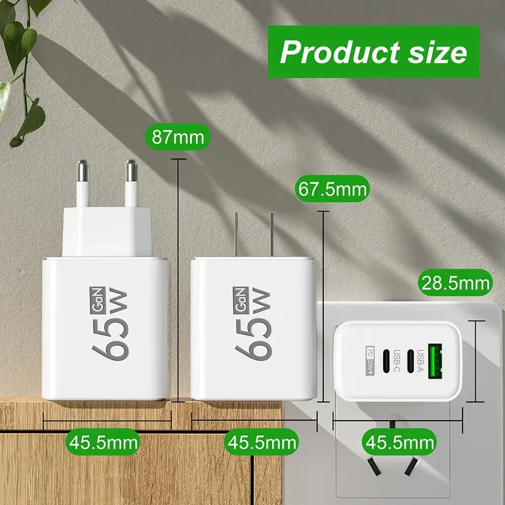 65W GaN USB PD Ladegerät 3 Ports Schnellladen für iPhone 16 Pro Max, Samsung