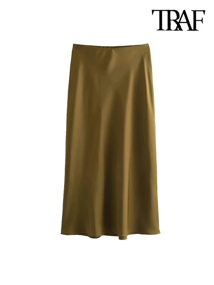 Women's Flowing Satin Midi Skirt – High Waist with Elastic Waistband, Chic Fashion Skirt