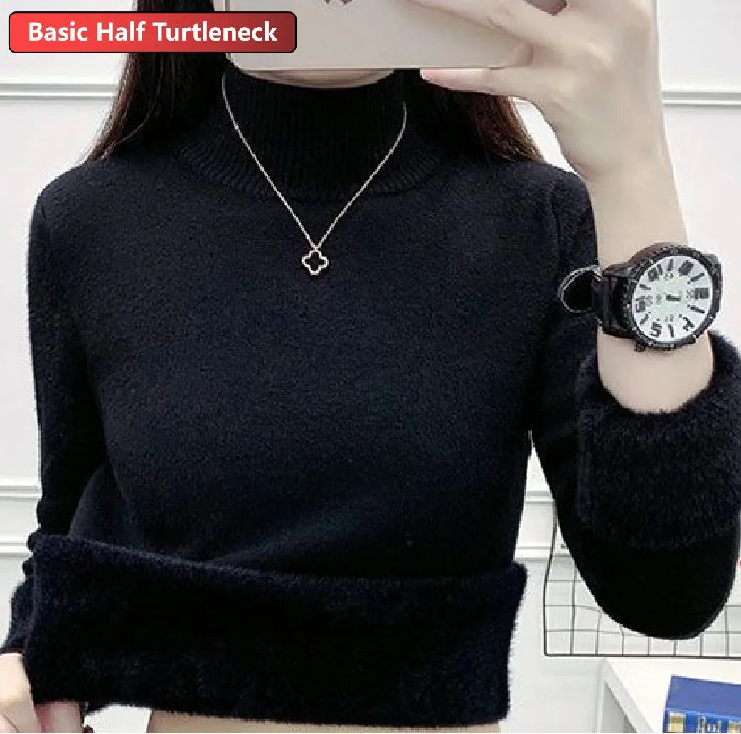 Turtleneck Winter Sweater for Women – Elegant Velvet Lined Slim Fit Knitted Pullover