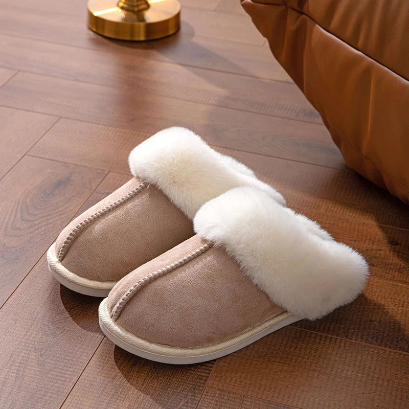 2023 Winter Warm Flat Fur Slippers – Women Faux Suede Furry Comfort Home Slides