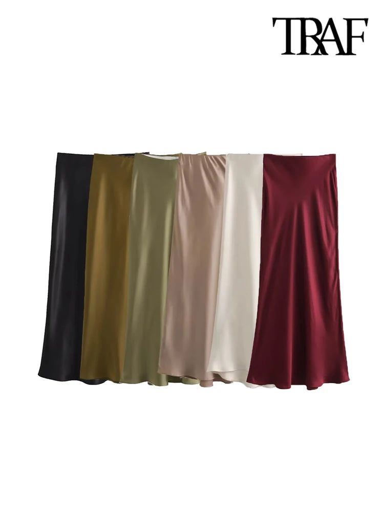 Women's Flowing Satin Midi Skirt – High Waist with Elastic Waistband, Chic Fashion Skirt