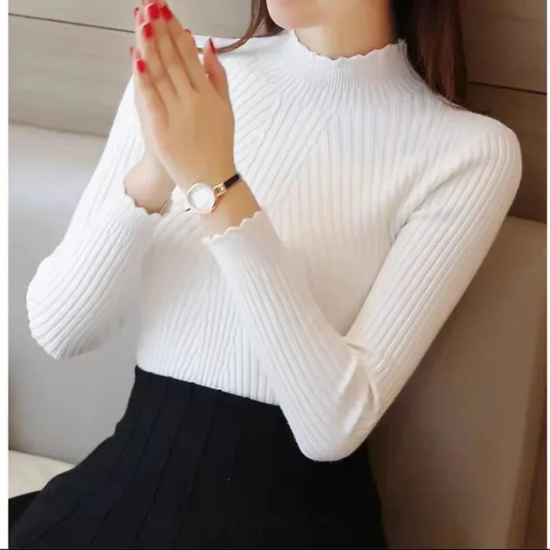 Women’s Mock Neck Ruffle Sweater – Long Sleeve Knitted Pullover