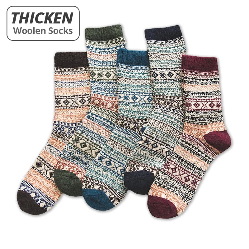 5 Paar Wintersocken aus Wolle für Herren, warm, im Retro-Stil, farbenfroh, modisch, Schneestiefelsocken