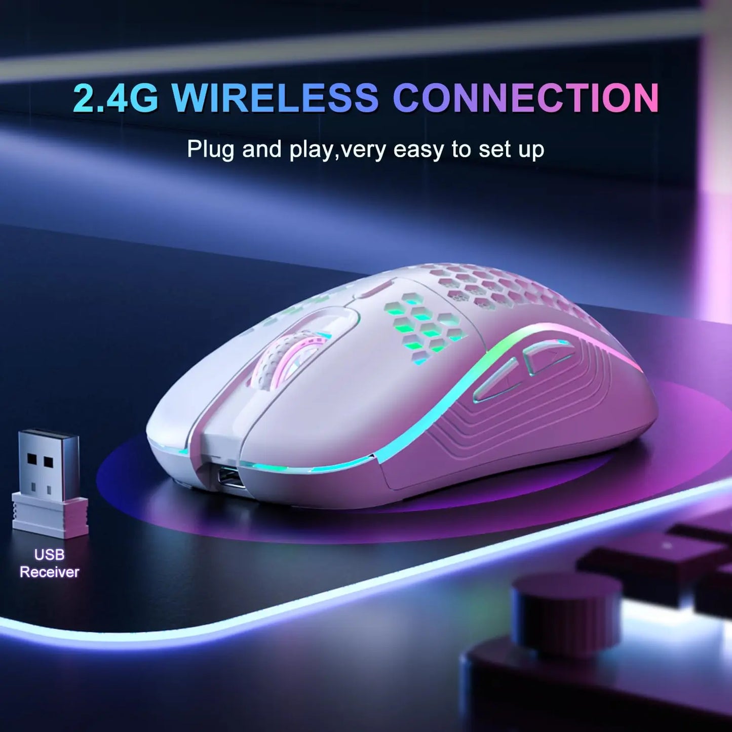 Wireless RGB Gaming Mouse Adjustable DPI Ergonomic Honeycomb Design for PC & Laptop