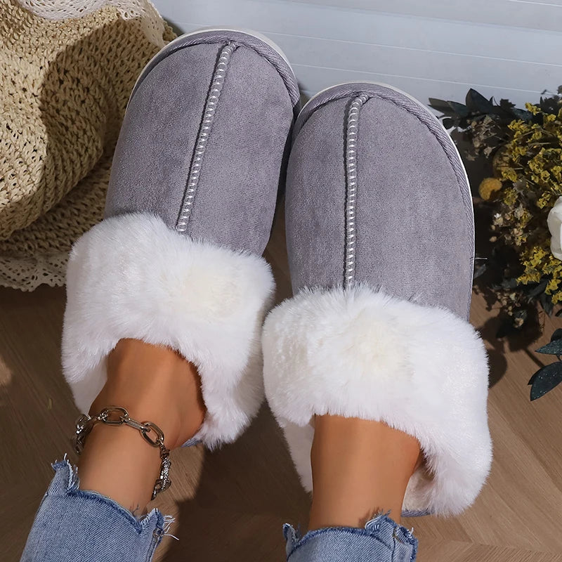 2023 Winter Warm Flat Fur Slippers – Women Faux Suede Furry Comfort Home Slides