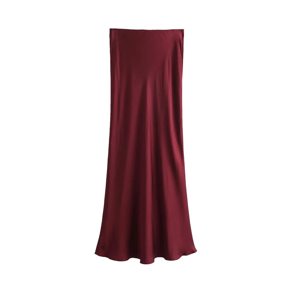 Women's Flowing Satin Midi Skirt – High Waist with Elastic Waistband, Chic Fashion Skirt