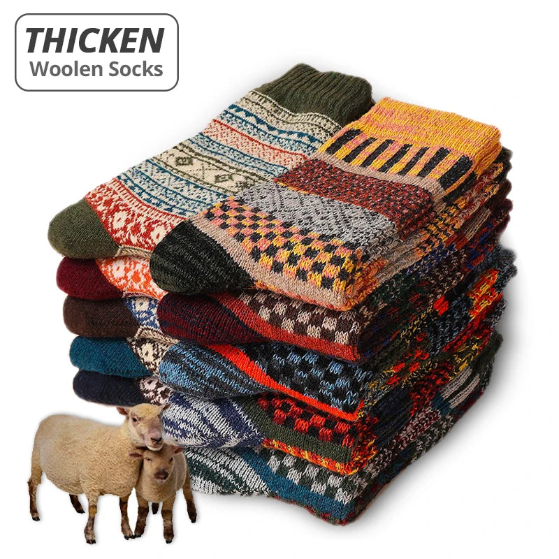 5 Paar Wintersocken aus Wolle für Herren, warm, im Retro-Stil, farbenfroh, modisch, Schneestiefelsocken