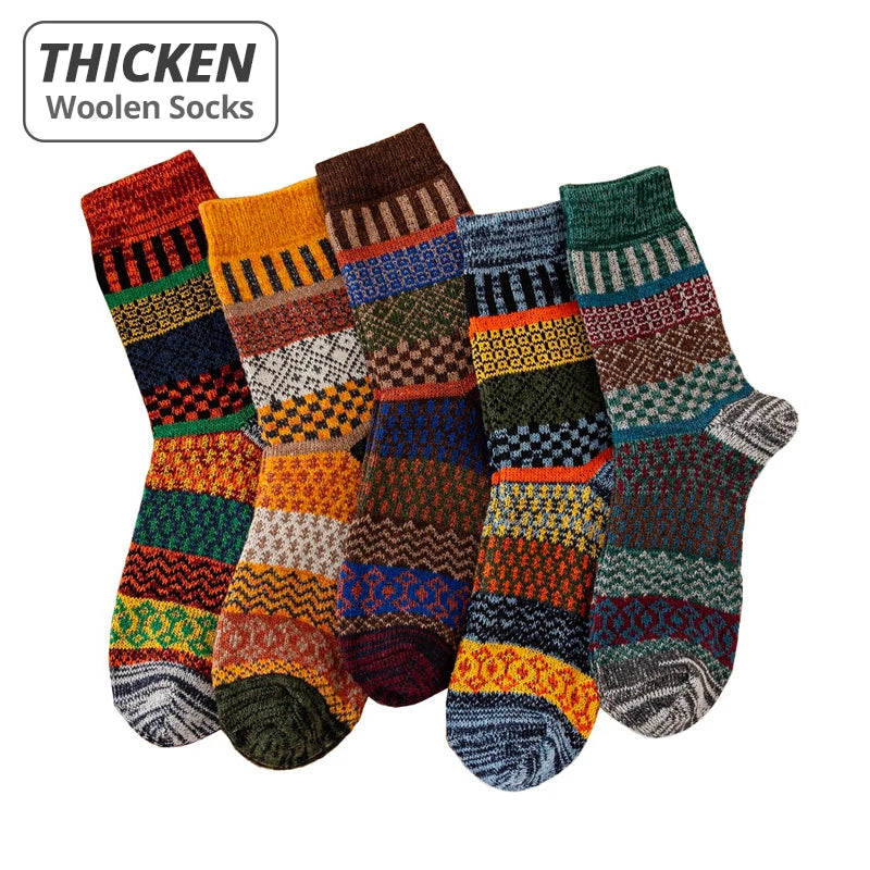 5 Paar Wintersocken aus Wolle für Herren, warm, im Retro-Stil, farbenfroh, modisch, Schneestiefelsocken