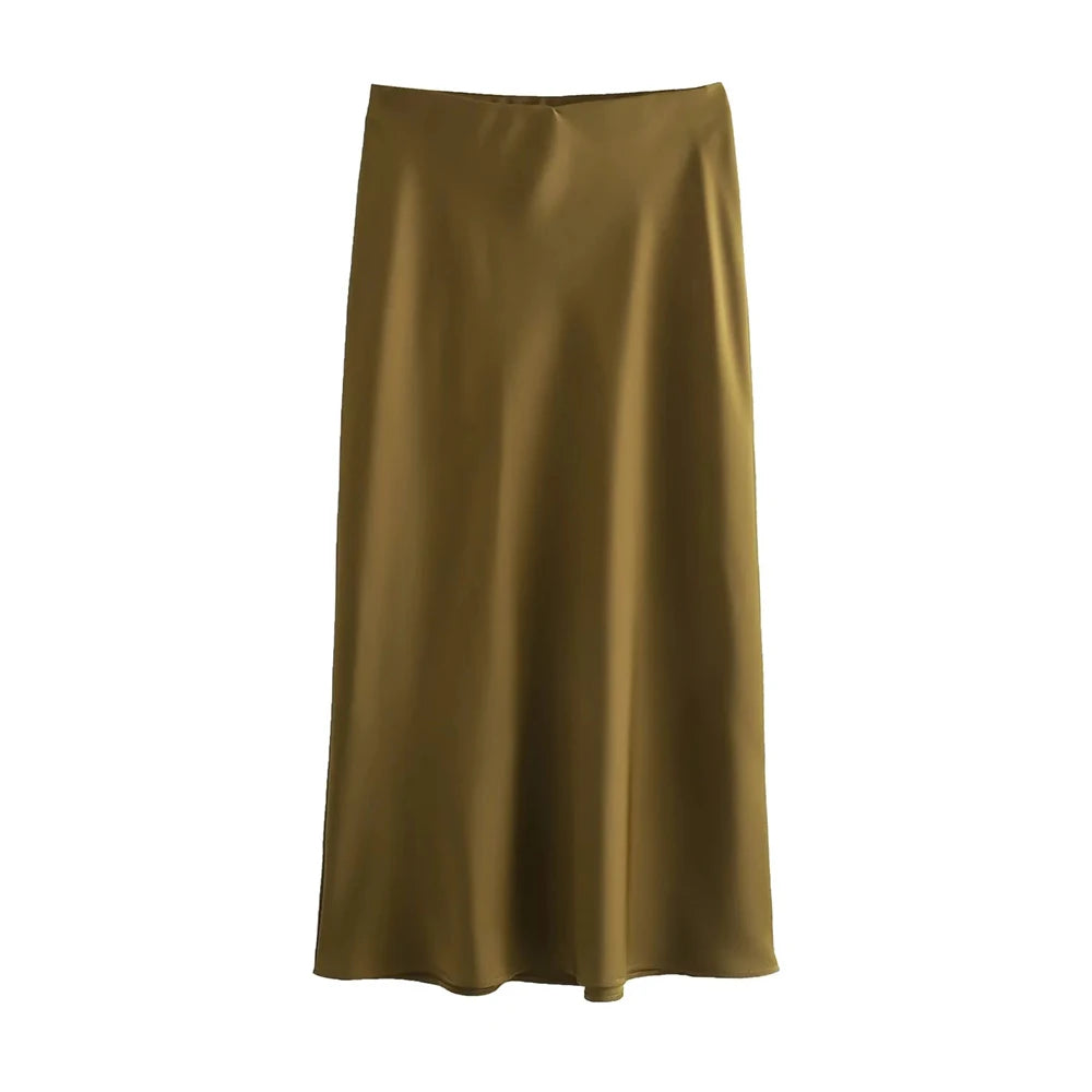 Women's Flowing Satin Midi Skirt – High Waist with Elastic Waistband, Chic Fashion Skirt