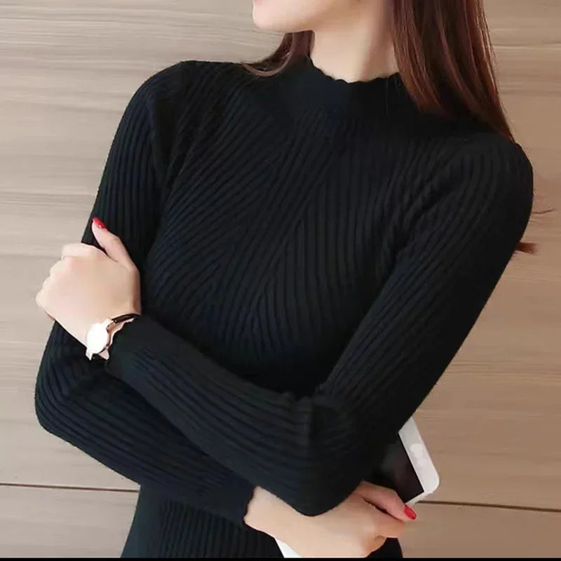 Women’s Mock Neck Ruffle Sweater – Long Sleeve Knitted Pullover