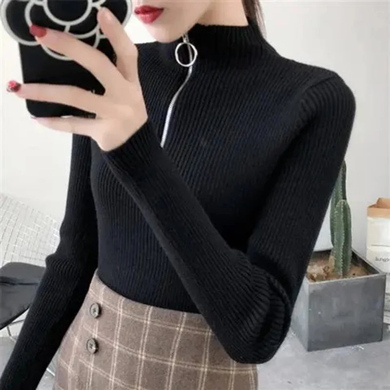 Knitted Women’s Zipper Half High Neck Sweater – Slim Solid Pullover for Autumn & Winter