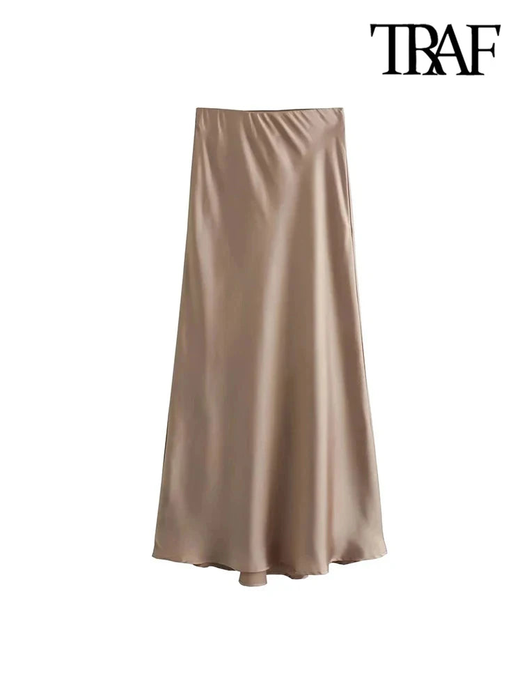 Women's Flowing Satin Midi Skirt – High Waist with Elastic Waistband, Chic Fashion Skirt