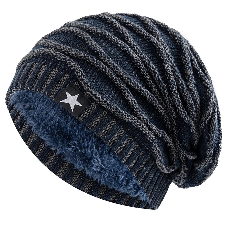 Unisex Slouchy Winter Hat – Fur Lined Beanie with Five-Pointed Star Decor, Warm Knitted Cap