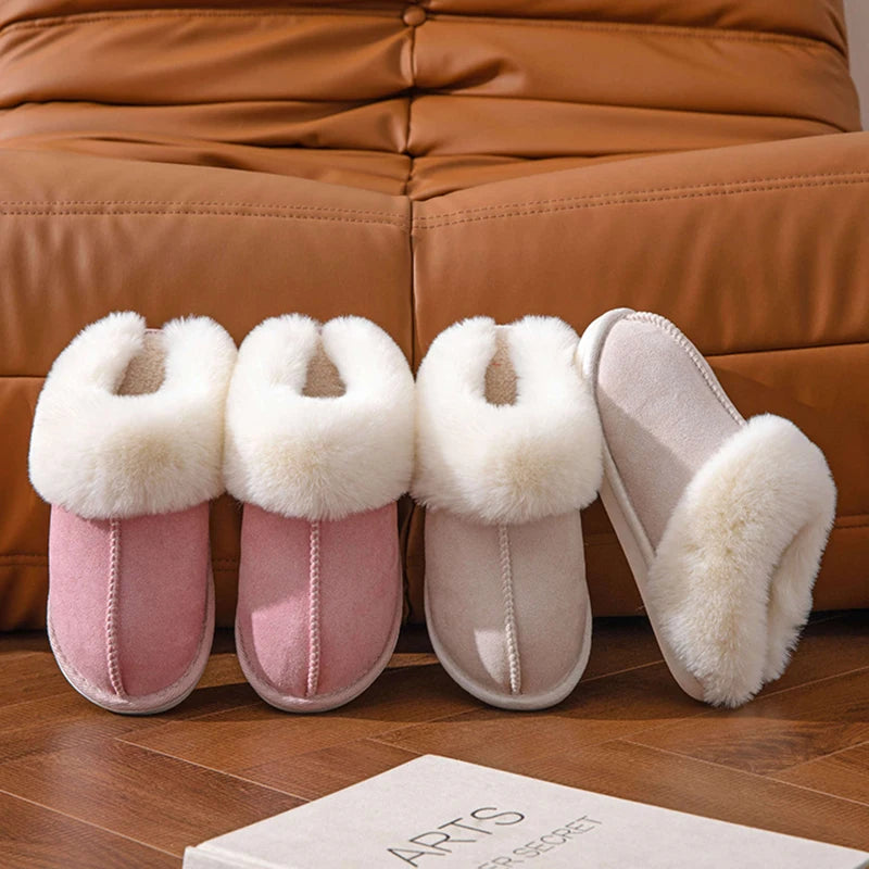 2023 Winter Warm Flat Fur Slippers – Women Faux Suede Furry Comfort Home Slides