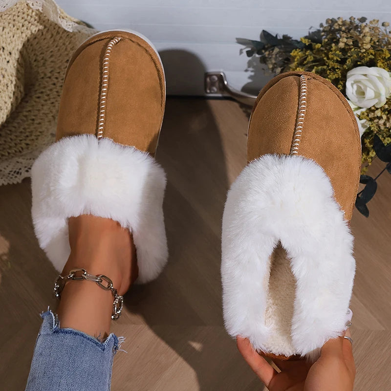 2023 Winter Warm Flat Fur Slippers – Women Faux Suede Furry Comfort Home Slides