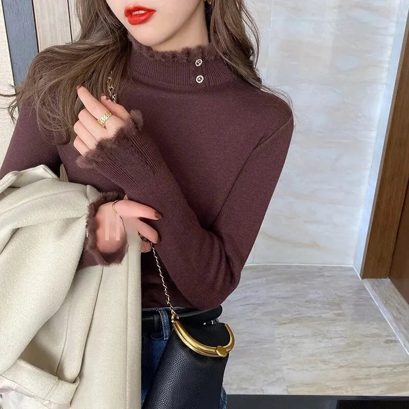 Velvet Sweater for Women – Warm Autumn/Winter Flocking Half-High Collar Top