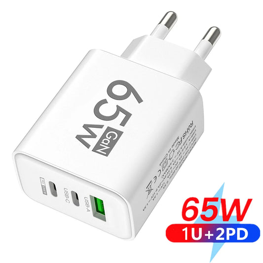 65W GaN USB PD Ladegerät 3 Ports Schnellladen für iPhone 16 Pro Max, Samsung