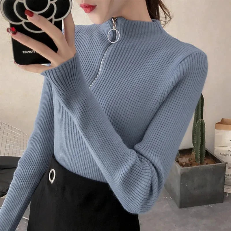 Knitted Women’s Zipper Half High Neck Sweater – Slim Solid Pullover for Autumn & Winter