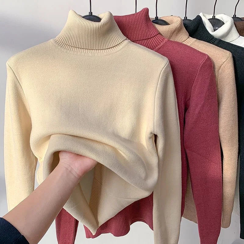 Turtleneck Winter Sweater for Women – Elegant Velvet Lined Slim Fit Knitted Pullover