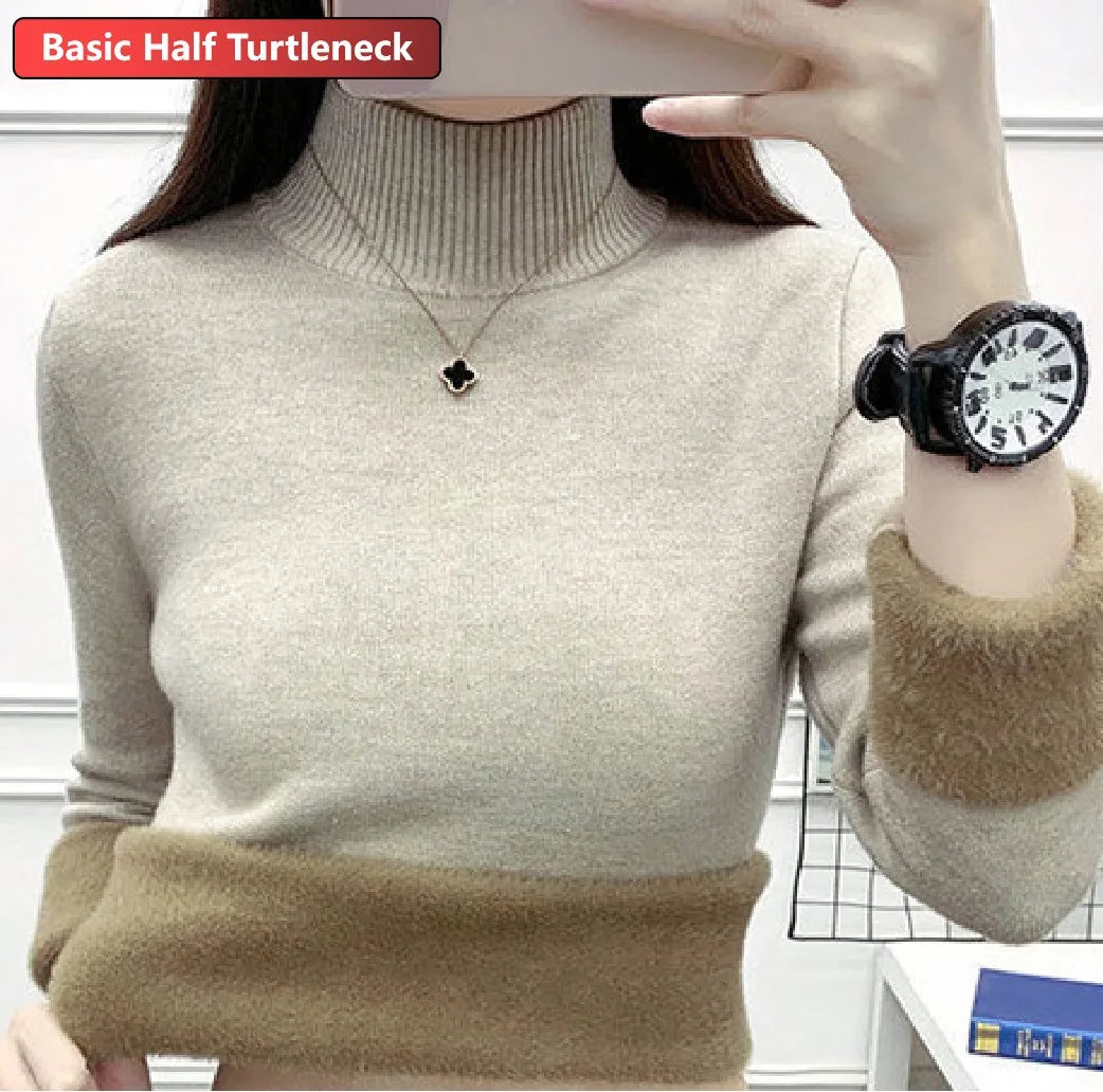 Turtleneck Winter Sweater for Women – Elegant Velvet Lined Slim Fit Knitted Pullover